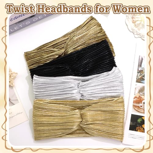 4 Pcs Boho Gold Headbands for Women Short Twist Hair Bands Wrinkle Metallic Turban Head Bands Christmas Non Slip Workout Yoga Women's Hair Wraps Accessories