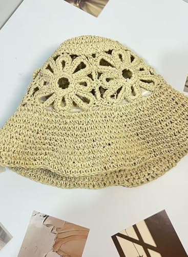 Handmade Women's Crochet Straw Bucket Hat Packable Daisy Beach Cap | Adjustable Inner Drawstring, Airy Lightweight Paper Fiber, Face Shade, Easy Storage, Feminine Openwork Floral Style - color: Beige