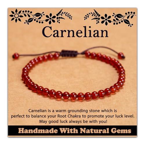 468Handmade Adjustable Natural Gemstone Crystal Bracelet Healing Power Energy Inspirational Gifts with Card for Unisex - color: 09-Carnelian(Luck), size: 4mm