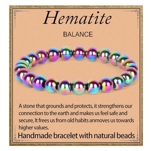 LPBeads Handmade Natural Gemstone Stretch Elastic Bracelet Healing Crystal Round Stone Beads Jewelry Gifts for Women Men - color: Rainbow Coated Hematite, size: 8mm