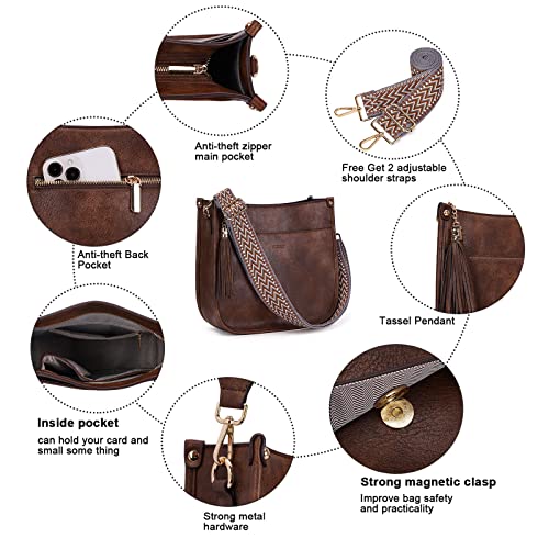 HKCLUF Crossbody Bag Purse for Women 2PCS/Set Leather Hobo Handbag Wallet Set With 2Adjustable Guitar Strap Shoulder Bag | Purse - color: 01 Light Coffee