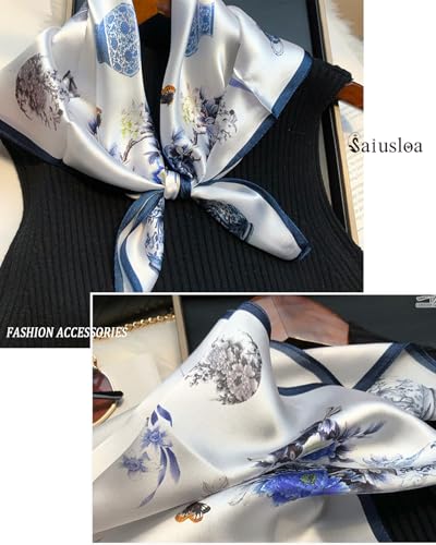 Saiusloa Neck Scarf For Womens Silky Head Scarves Hair Bandanas Square Scarf Fashion Accessories lightweight - color: 18-cyan Bellflower