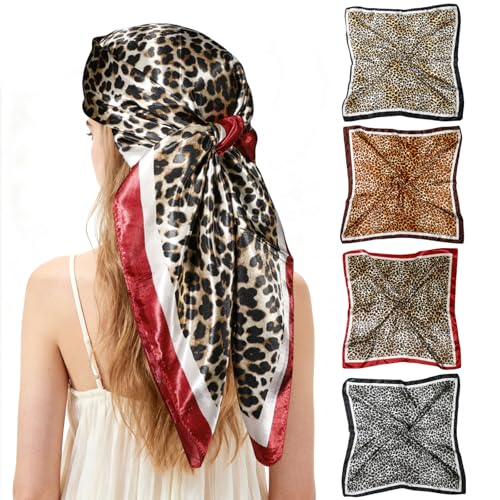 Ciormis 35" Silk Head Scarf for Women, 4 Pcs Satin Hair Scarf Square Silk Bandana Top Neck Scarves Hair Wraps for Sleeping - color: I1-leopard-set9