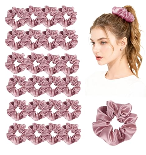24Pack Satin Scrunchies For Women Silky Scrunchy Silk Hair Ties Ponytail Holder Hairs Bow Ropes Elastics Hairtie Accessories - color: Dusty Rose