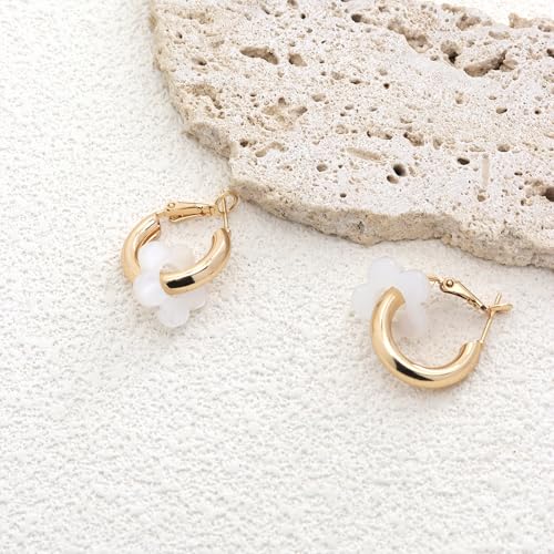 Chunky Acrylic Gold Small Flower Hoop Huggie Earrings, Colorful Boho Ear Piercing Dangle Drop Earrings, Dainty Chic Charm Jewelry Gift - color: White