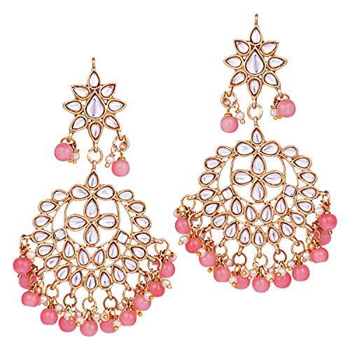 Aheli Faux Kundan Beaded Necklace Earrings Maang Tikka Indian Bollywood Ethnic Jewelry Set Gift for Women - color: Pink 1