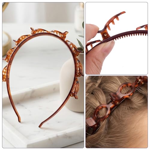 2 Pcs Headband with Clips, 90s Butterfly Hair Clips Headband with Teeth for Women, Braided Weave Bangs Non-Slip Clip Headbands Hair Accessories for Styling Decoration- Light Brown, Dark Brown - color: 1 pcs Light Brown, 1 pcs Dark Brown