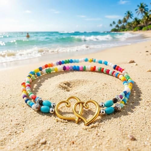 Ankle Bracelets for Women Waterproof Elastic Heart Anklet Stretchy Ankle Bracelets Colorful Beaded Anklets Boho Ankle Bracelets Silver Beach Anklet Jewelry Accessories for Summer - color: Gold Rainbow Anklets