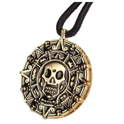 Giraffe Manufacturing Antique Coin Necklace - Medallion Skull Pendant with Black Cord Gold Pirate Accessories Women, Pirate Cosplay Halloween Jewelry for Women & Men for Costume Parties & Gifts