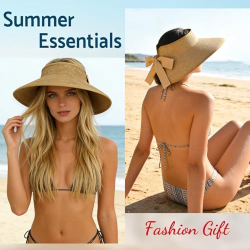 Women's Sun Visor Hats Wide Brim Beach Hat Straw Ponytail Visor Packable Foldable UPF 50+ Floppy Travel Hats - color: Khaki01