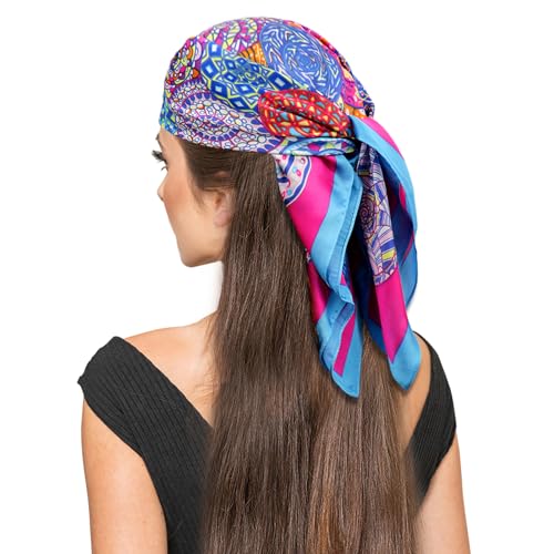 vimate Head Scarf for Women Hair 27'' Square Satin Silk Feeling Bnadana Neck Scarf Handbag Accessories Etc - color: E31#. Disk Flower