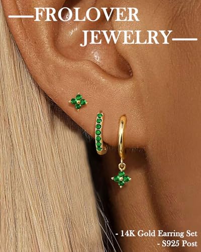 3 Pairs Gold Hoop Earrings Set for Women, Hypoallergenic 14K Gold Plated Huggie Earrings Stacks for Multiple Piercing Dainty Stud Earring Cartilage Birthstone Earring Women Jewelry Gift - color: 05. May(Emerald)