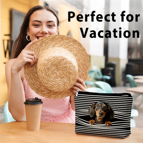 Funny Dachshund Makeup Bag, Dachshund Lovers Gifts for Women Cosmetic Bag, Weiner Dog Gifts for Women, Funny Weiner Dog Striped Small Toiletry Bags Zipper Makeup Pouch - color: 03-funny Peeping Dachshund