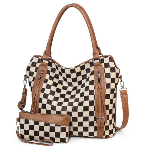 Women's PU Leather Checkered Shoulder Bag with Wallet Set, Large Capacity Tote Crossbody Bag for Daily Use Travel Work