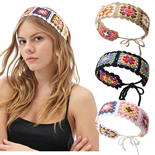 CHLINS Hairband, 3PCS Crochet Headband Women Floral Hairband - Elastic Handmade Crochet Head Wrap Bohemian knit Headband for Women and Girls (Square, Black + Beige + Khaki) - color: Square (Black + Beige + Khaki)