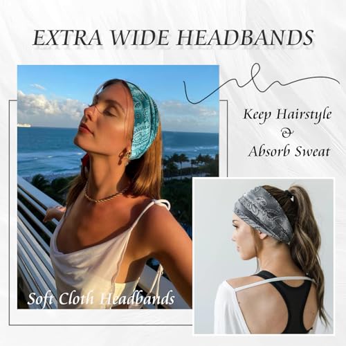 FULZTEY Boho Headbands for Women Fashion Wide Head Bands Floral Print Hairband Elastic Workout Yoga Sweatband Knot Cloth Turban Large African Bandana Headwraps Cute Hair Accessories Gift 4Pcs - color: Style10