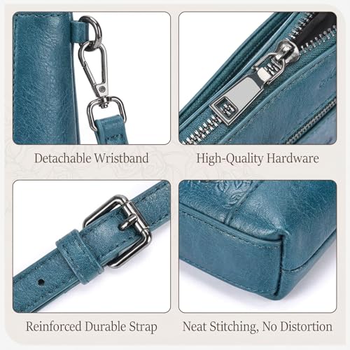 MEITRUE Wristlet Wallet Small Crossbody Bags for Women Clutch Purse Leather Phone Purse with Adjustable & Detachable Strap - color: A6-peacock Blue-179