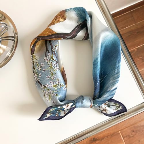 100% Mulberry Silk Neck Scarf 21''x21'' Small Square Hair Scarf for Women Men Lightweight Bandana Envelope Package - color: Oil Painting- Blue