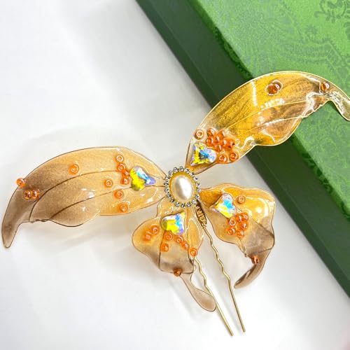 Orange Butterfly with Pearl Resin Hairpin Chinese Hanfu and Han Style Hair Retro Flower with Metal Handmade Hair Clip Hair Accessories for Women Girls Long Hair (Orange Butterfly) - color: Orange Butterfly