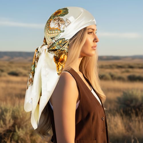 Pistha Head Scarf Bandana for Women, Satin Scarf for Hair, Large Square Silk Bandana Headscarf for Women and Men 35 Inch - style: Classic-beige