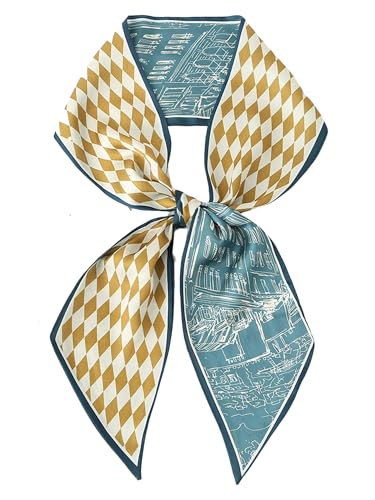 kcctoo 59” Long Silk Like Head Scarf Women's Fashion Square Neck Satin Scarfs for Bag Hair Scarves Gift 59 * 5.9” - color: S1 Green Street Yellow White 59" X 5.9"
