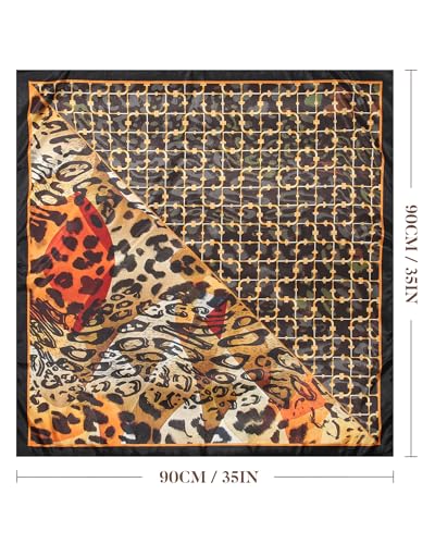 AWAYTR 35” Square Satin Head Scarf Hair Scarf for Women's Hair Silk Bandana for Women Silk Head Wrap for Sleeping - color: Cashew Print (Leopard Color)