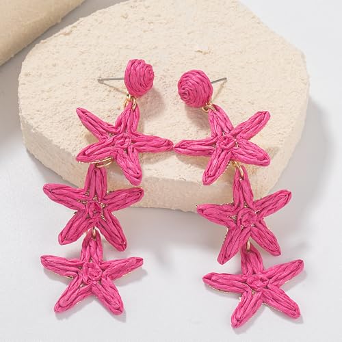 Boho Raffia Earrings Starfish Shell Seashell Dangle Drop Earrings Cute Statemnet Trendy Jewelry Summer Beach Outfits for Women - color: Hot Pink, size: Seastar