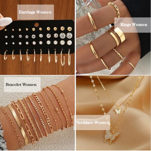 47pcs Gold Jewelry Set With 3 PCS Necklace, 11 PCS Bracelet,20pcs Hoop Stud Earrings,7pcs rings set For Women For Birthday Gifts - color: Gold