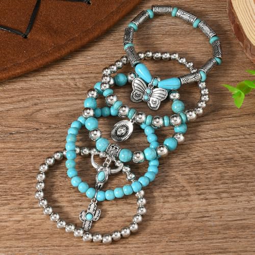 Western Turquoise Beaded Bracelet Stack - Vintage Cowgirl Stretch Set with Bull Skull, Feather & Boot Charms, Handmade Boho Jewelry for Rodeo, Country Concerts & Casual Western Outfits - style: Set