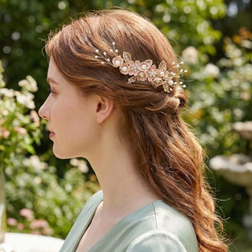HINZIC 4pcs Flower Tassels Hairpin for Women, Crystal Pearl Hair Comb, Pink | Non-Slip, 4 Styles, Alloy Made, Adorned with Rhinestones and Pearl, for Wedding, Brides, Parties, for Long Hair - color: Pink-4pcs
