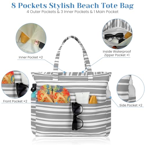 Trifabricy Beach Bags for Women Waterproof Sandproof Women Tote Bag, Large Beach Bag with Zipper for Gym Travel Vocation - color: Grey