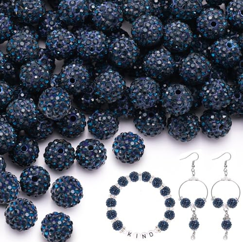 100pcs 10mm Rhinestone Beads for Jewelry Making, Blue Black Shiny Round Shamballa Disco Ball Beads Bulk, Sparkle Crystal Clay Christmas for Bracelet Baseball Necklace Earring Crafting and DIY - color: Blue Black, size: 10mm/100pcs