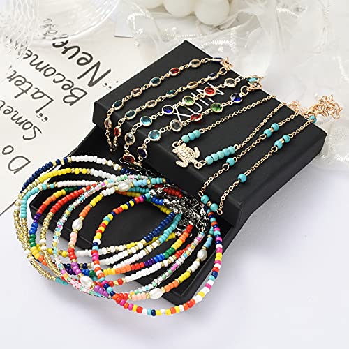 XIJIN 8Pcs Handmade Beaded Anklets for Women Boho Colorful Beads Ankle Bracelets Adjustable Foot Anklet Set - color: J