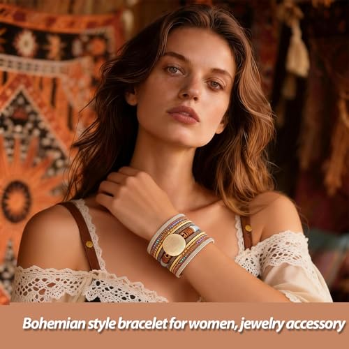 Long tiantian Leather Wrap Bracelets Boho Bracelets for Women Rhinestone Leather Bangles Boho Western Outfit Accessories Jewelry Gifts - color: Boho Stone Charm Bracelets(brown)