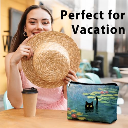 Black Cat Makeup Bag, Black Cat Mom Lovers Lady Gifts Cosmetic Bag for Women, Pet Lover Gifts, Impressionist Whimsical Waterlily Kitten Small Toiletry Bags Zipper Makeup Pouch - color: 02-Cat(00)