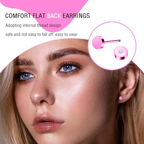 ZDE Women Earrings Flat Back Dot Earrings Titanium Hypoallergenic Cartilage Non-Nickel Earrings Studs for Sensitive Ears Simple Classic 3mm/4mm/5mm/6mm Screw On Stud Earring - color: Pink, size: 3MM