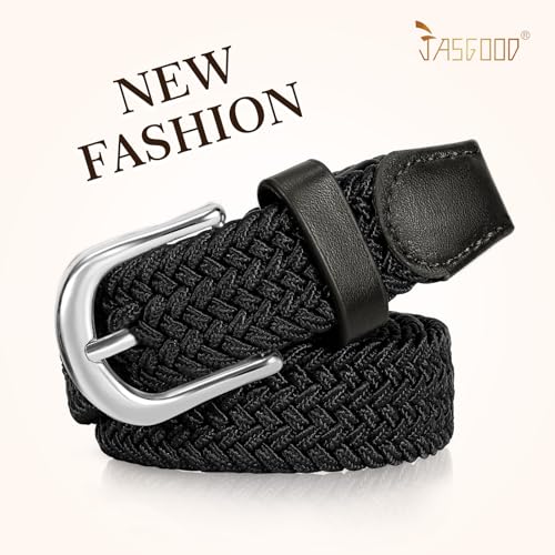 JASGOOD 2 Pack Braided Belts for Women, 1'' Narrow Width Elastic Woven Stretch Fabric Cloth Belts with Gold Buckle - color: E-black+black, size: Fit Size 25"-28"