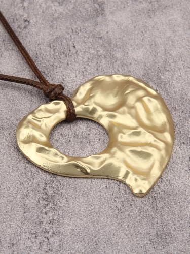 GelConnie Leather Necklace for Women Round Wooden Pendant Long Leather Choker Vintage Sweater Necklace Gold Chunky Boho Necklaces for Women - style: Boho Heart Necklace