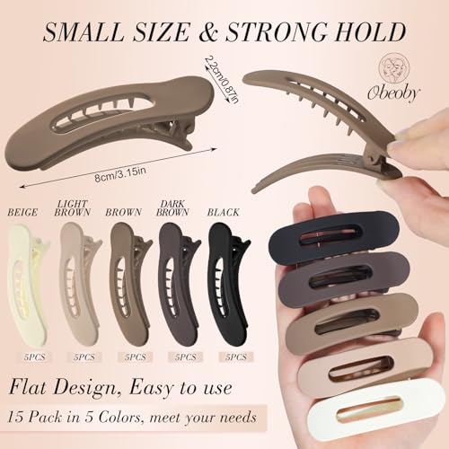 Obeoby 15 Pcs Small Flat Hair Clips, 3.1 Inch Medium Flat Claw Clip for Short Thin Hair Barrettes Accessories for Women Girls Teens (5 Natural Colors) - color: 5 Neutral colors