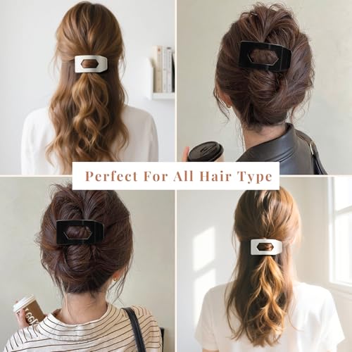 8 Pack Black White Flat Hair Clips for Women – Large Glossy Rectangle No-Slip Claw Clips for Thick & Thin Hair, Strong Hold Square Hair Accessories - color: Black and White