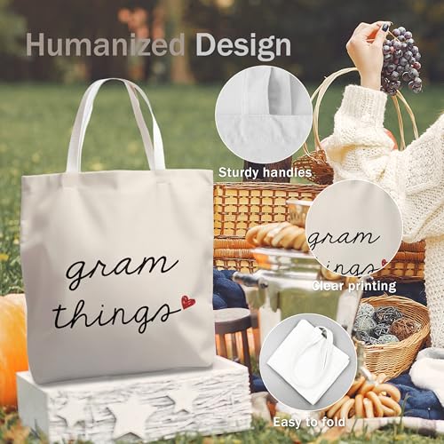 Gram Things Canvas Tote Bag, Gram Gifts for Mothers Day Birthday Tote Bag for Women, Grandma Gifts from Grandkids, Minimalist Neutral Grandmother Aesthetic Travel Totes for Shopping Camping