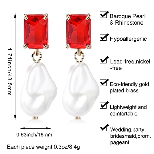 Fashion Pearl Drop Earrings for Women With Crystal - Rhinestone Statement Earrings with Pearl Dangling Studs - Large White Baroque Pearl Earrings for Bridesmaid Wedding Party Birthday Holiday - color: Red