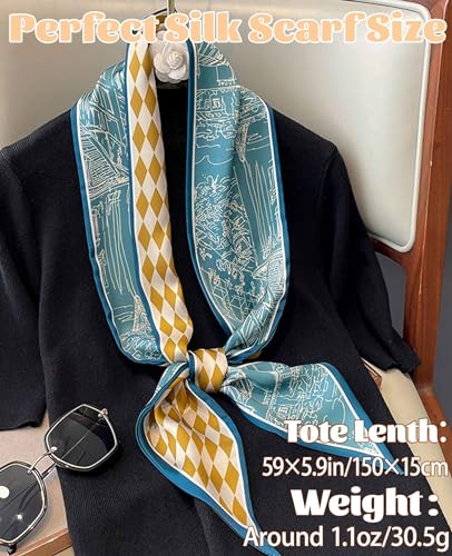 kcctoo 59” Long Silk Like Head Scarf Women's Fashion Square Neck Satin Scarfs for Bag Hair Scarves Gift 59 * 5.9” - color: S1 Green Street Yellow White 59" X 5.9"