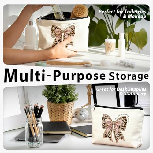 Coquette Leopard Print Bow Christian Makeup Bag, She Is Worthy Blue Girly Cosmetic Bags for Women, Christian Gifts for Women, Preppy Aesthetic Zipper Makeup Pouch - color: 01- Bible(02)