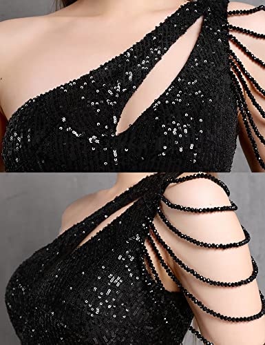 Women One Shoulder 1920s Plus Size Formal Dress Tassels Sleeve Sequins Gatsby Maxi Evening Gown - color: A-black, size: Small