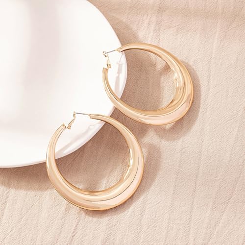 Chunky Gold Large Hoop Earrings for Women, Dainty 14K Gold Big Circle Round Statement Earrings Silver Trendy Thick Hoops Ear Jewelry for Anniversary - color: Gold