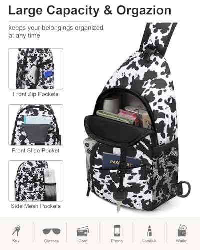 Pritent Crossbody Bags for Women Man Waterproof Sling Bag Backpack Trendy Casual Cross Body Bag with Convertible Shoulder Strap Chest Bag for Camping Hiking Travel Essentials (Cow print, Large ) - color: Cow Print, size: Large