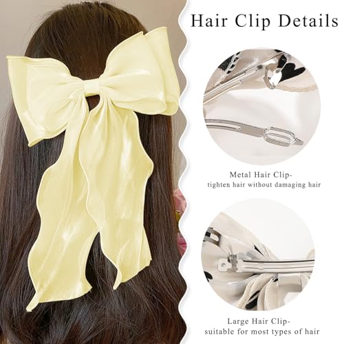 Large Hair Bow Clips for Women, Yellow Bow Hair Barrettes with Long Tail French Hair Ribbon Clips Hair Accessories for Girls (Yellow 2PC) - color: Yellow,Yellow