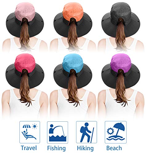 6 Pieces Womens Ponytail Wide Brim Sun Hat Packable UV Protection Beach Cap for Fishing & Hiking