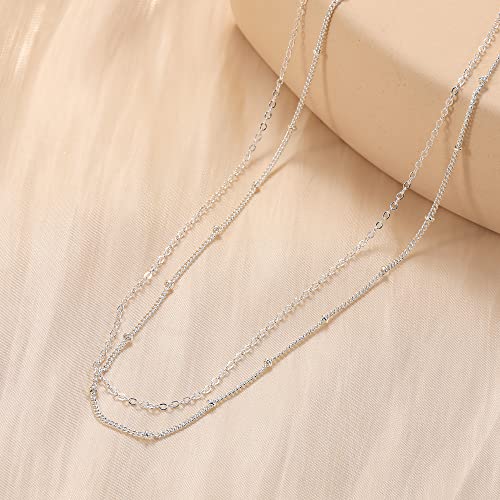 CHESKY 14k Gold Plated/Silver Plated Dainty Necklace for Women, Trendy Satellite Choker Necklace Thin Beaded Layered Choker Necklaces Discs Paperclip Chain Necklaces Womens Simple Jewelry - style: Layered Satellite-Silver